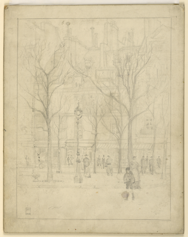 Eine Zeichnung einer Stadtstraße mit Menschen, die spazieren gehen, hohen, grünen Bäumen, die Schatten spenden, und Gebäuden im Hintergrund, die eine Stadtlandschaft bilden.