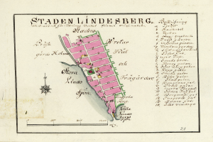 Eine detaillierte Karte von Staden Lindesberg, Deutschland, auf Papier mit Straßen, Gebäuden und Sehenswürdigkeiten markiert und mit Text beschriftet.