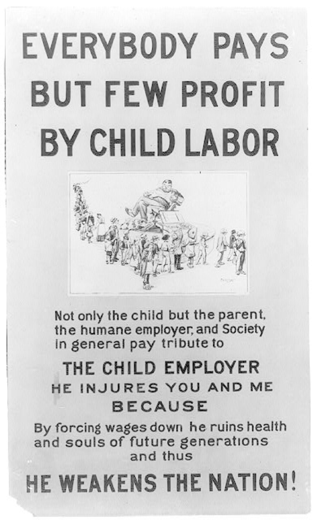Schwarzes und weißes Plakat mit dem Text "Jeder zahlt, aber wenige profitieren von Kinderarbeit" und einer Gruppe von Menschen, die gegen Kinderarbeit protestieren.