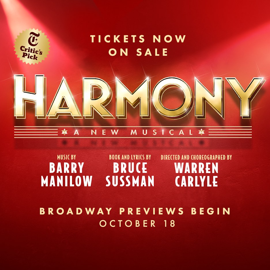 Plakat für das Musical "Harmonie" mit "Eintrittskarten jetzt erhältlich" in fetter weißer Schrift auf einem gelben Hintergrund, ein Logo mit Notenstab in der Mitte und einen blauen Rand.