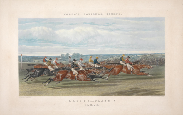 Gemälde von Reiterinnen und Reitern auf einer Rennbahn mit Bäumen und Wolken im Hintergrund, untertitelt mit "Rennbahn-Platte 3: Der Lauf 3".