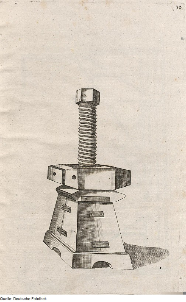 Eine Zeichnung einer zylinderförmigen bolzenähnlichen Maschine mit einer flachen Basis und einer sicher befestigten metallischen silbernen Schraube oben drauf, mit beschreibendem Text unten.