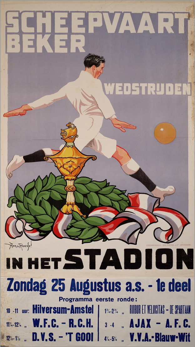 Ein Fußballplakat aus den Niederlanden mit einer Person in weißem Trikot und Shorts mit entschlossener Miene, umgeben von grünen und gelben Blättern vor einem hellblauen Himmel, mit fetter schwarzer Schrift, die 'Fußball.' lautet.