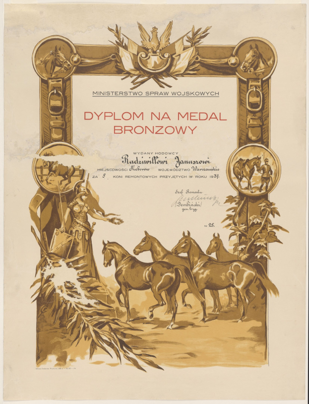 Ein Plakat mit einer Gruppe von Pferden, die in einem Feld galoppieren, mit einer untergehenden Sonne im Hintergrund, begleitet von Text, der "Dyplom na Medal Bronzowy" liest, wahrscheinlich eine Medaillenveranstaltung ankündigend.