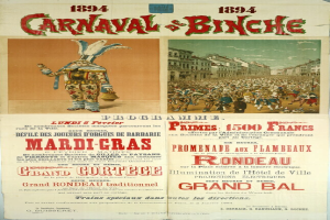 Ein Vintage-Plakat, das ein Karneval in Banche, Frankreich, bewirbt, mit Illustrationen von Menschen, Gebäuden und Text.