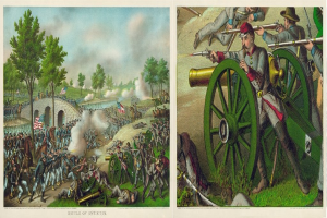 Ein Plakat, das die Schlacht von Antietam zeigt, mit Soldaten, die stehen und liegen, einige halten Gewehre in der Hand, vor einem Hintergrund aus Bäumen, einer Brücke, Flaggen, Rauch und einem bewölkten Himmel, mit Text unten.