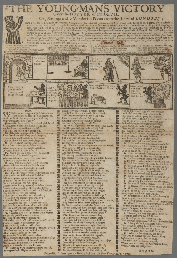 Ein siegprunkvolles Blatt mit fetter Schrift und detaillierten Illustrationen entschlossener junger Männer.