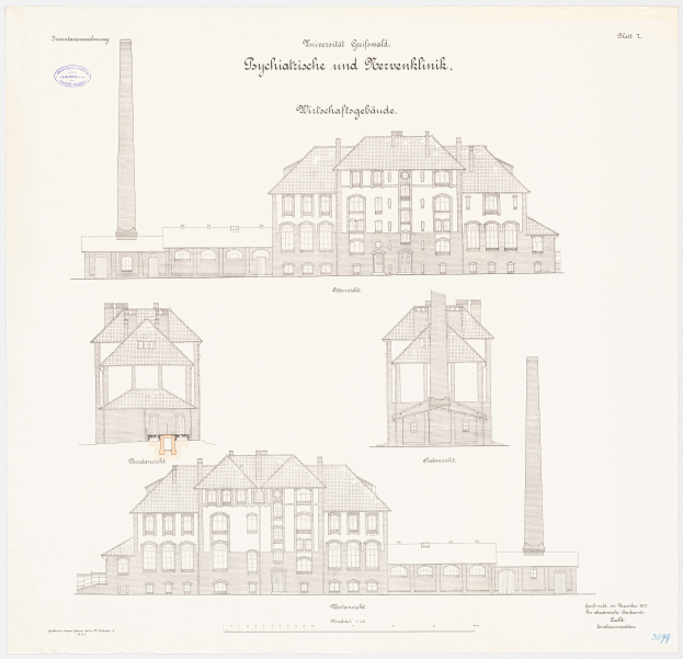 Eine Zeichnung eines mehrfenstrigen Gebäudes mit einem Schornstein, das als psychiatrische Klinik in Deutschland gilt, mit Text für weitere Informationen.