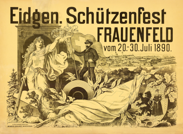Plakat für das Eidgenössische Schützenfest in Frauenfeld, Deutschland, mit einem Mann im Anzug und einer Frau im Kleid und Veranstaltungseinzelheiten im Text.