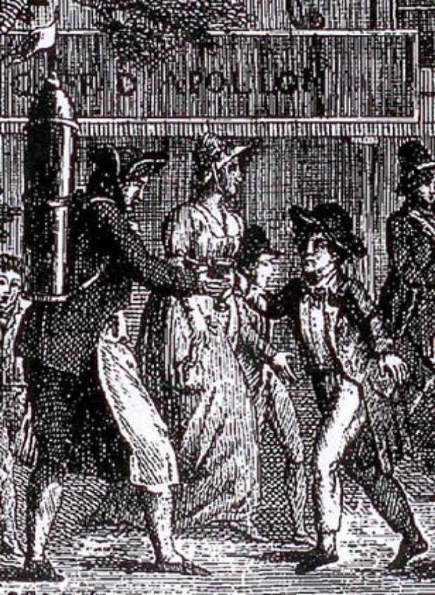 Eine Schwarz-Weiß-Zeichnung einer Gruppe von besorgten Menschen, die eine Straße entlanggehen und rennen, mit einem Gebäude im Hintergrund und einem Text unten, der 'Victorian riots in London' lautet.