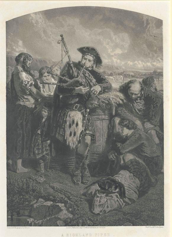 Schwarze und weiße Gravur eines Mannes, der vor einer Gruppe von Menschen eine Dudelsackpfeife spielt, mit einem bewölkten Himmel im Hintergrund und dem Text "Eine Highland-Pfeife" unten.