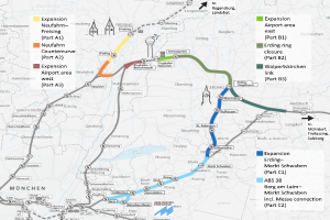 Eine detaillierte Stadtkarte, die eine hervorgehobene Bahnroute von München nach Frankfurt zeigt, einschließlich Haltestellen, Umgebung und Text mit Informationen zur Bahnlänge, Entfernung und Sehenswürdigkeiten.