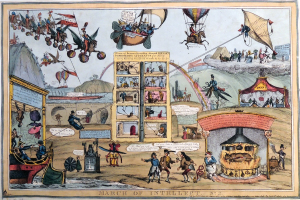 Ein Plakat mit dem Titel "Marsch des Geistes" zeigt eine Zirkusszene mit Heißluftballons, Fallschirmen, Pferden, Zelten und anderen Gegenständen.