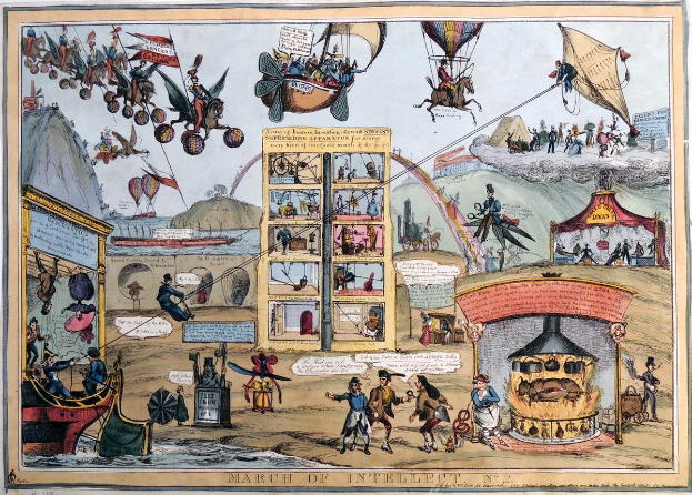 Ein Plakat mit dem Titel "Marsch des Geistes" zeigt eine Zirkusszene mit Heißluftballons, Fallschirmen, Pferden, Zelten und anderen Gegenständen.