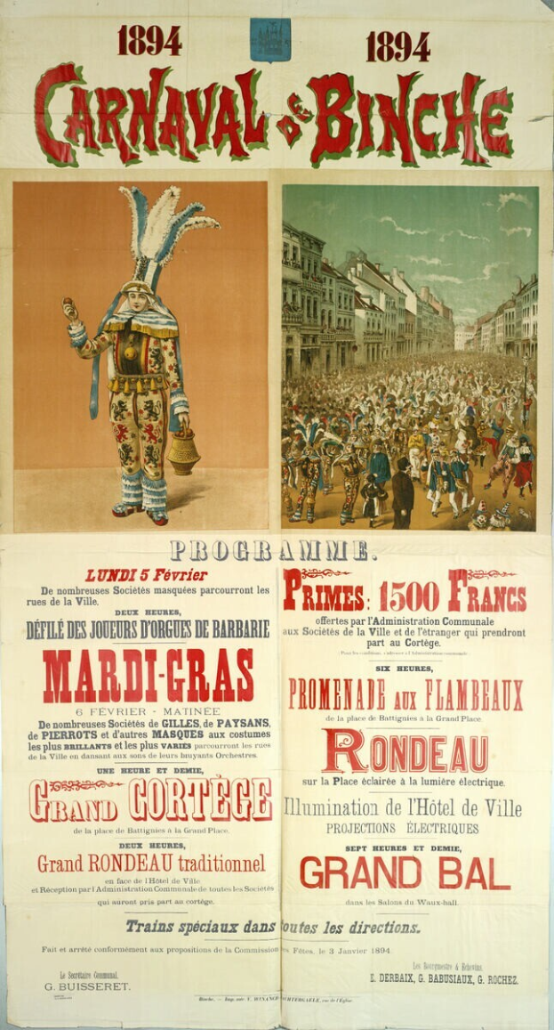 Ein Vintage-Plakat, das einen Karneval in Banche, Frankreich, ankündigt und Illustrationen von Menschen, Gebäuden und Text enthält.