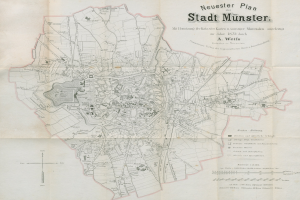 Detailierte Karte von Stadt Münster, Deutschland, von 1873 mit Text und Stadtplan.