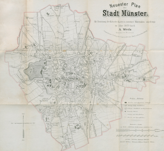Detailierte Karte von Stadt Münster, Deutschland, von 1873 mit Text und Stadtplan.