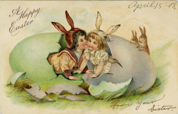 Altmoderne Ostern-Postkarte mit zwei Kindern in einem Ei mit zwei Kaninchen und begleitendem Text, der einen fröhlichen Osterwunsch übermittelt.