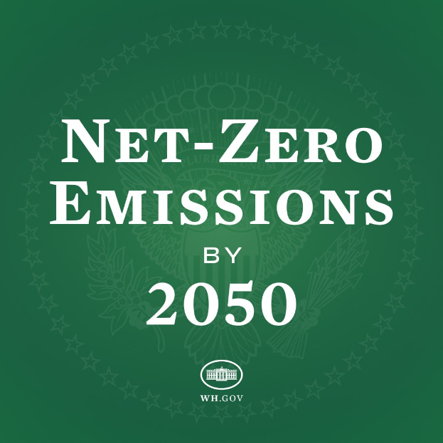 Weißer fetter Text auf einem grünen Hintergrund liest "net-zero Emissionen bis 2050."