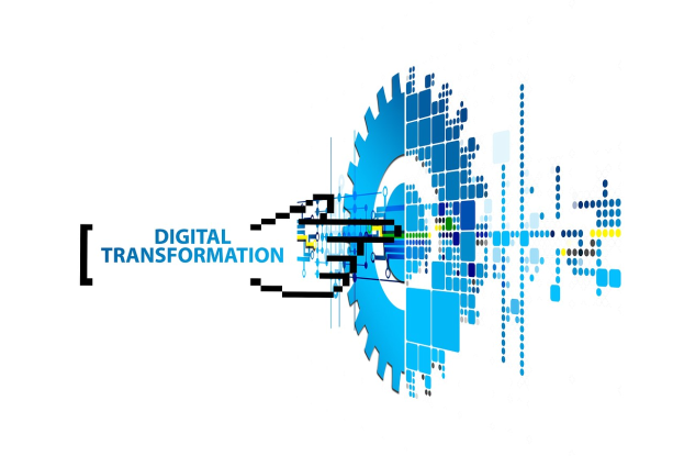 Digitales Transformationslogo mit "Digital Transformation" in der Mitte auf einem weißen Hintergrund, das ein Design aus blauen, schwarzen und gelben Punkten zeigt.