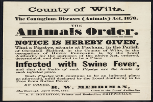 Ein Plakat mit Text, der eine Bekanntmachung nach dem Tierseuchen-Gesetz von 1878 regarding Schweinepest in Wiltshire ankündigt.