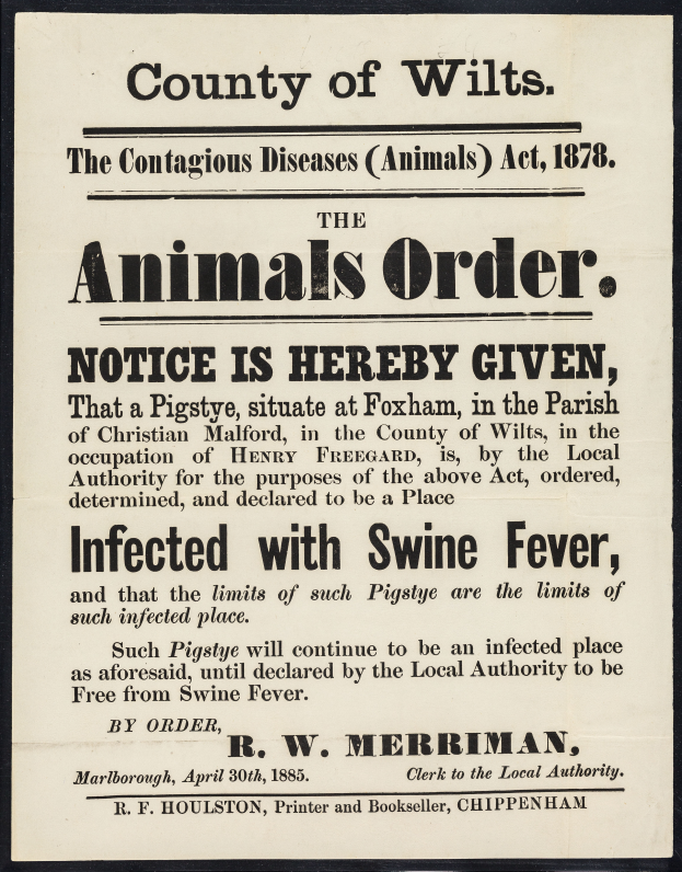 Ein Plakat mit Text, der eine Bekanntmachung nach dem Tierseuchen-Gesetz von 1878 regarding Schweinepest in Wiltshire ankündigt.