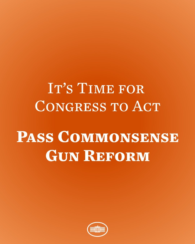Plakat mit fetter schwarzer Schrift, die "Es ist an der Zeit, dass der Kongress handelt, Commonsense-Waffengesetz zu verabschieden" auf einem orangen Hintergrund.